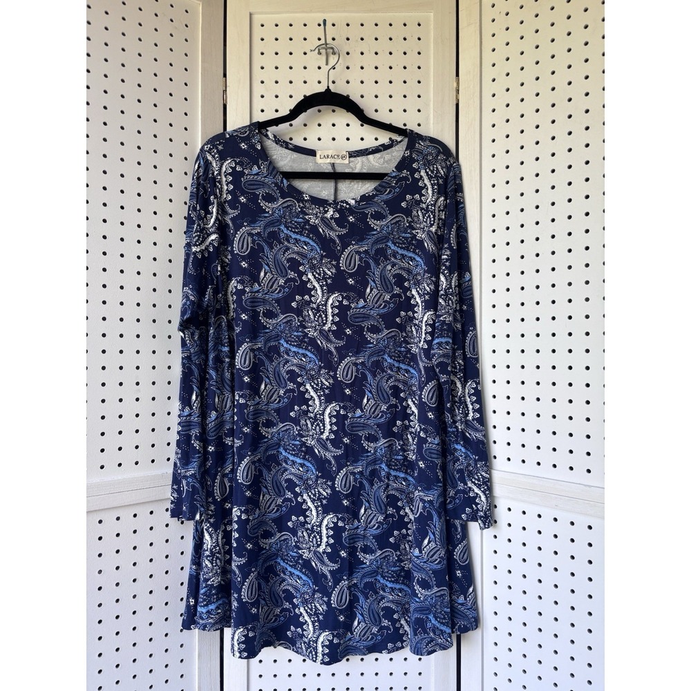 Larace Top Women's 2X Blue Paisley Long SLV Shirt Tunic Blouse Lounge Soft Rayon